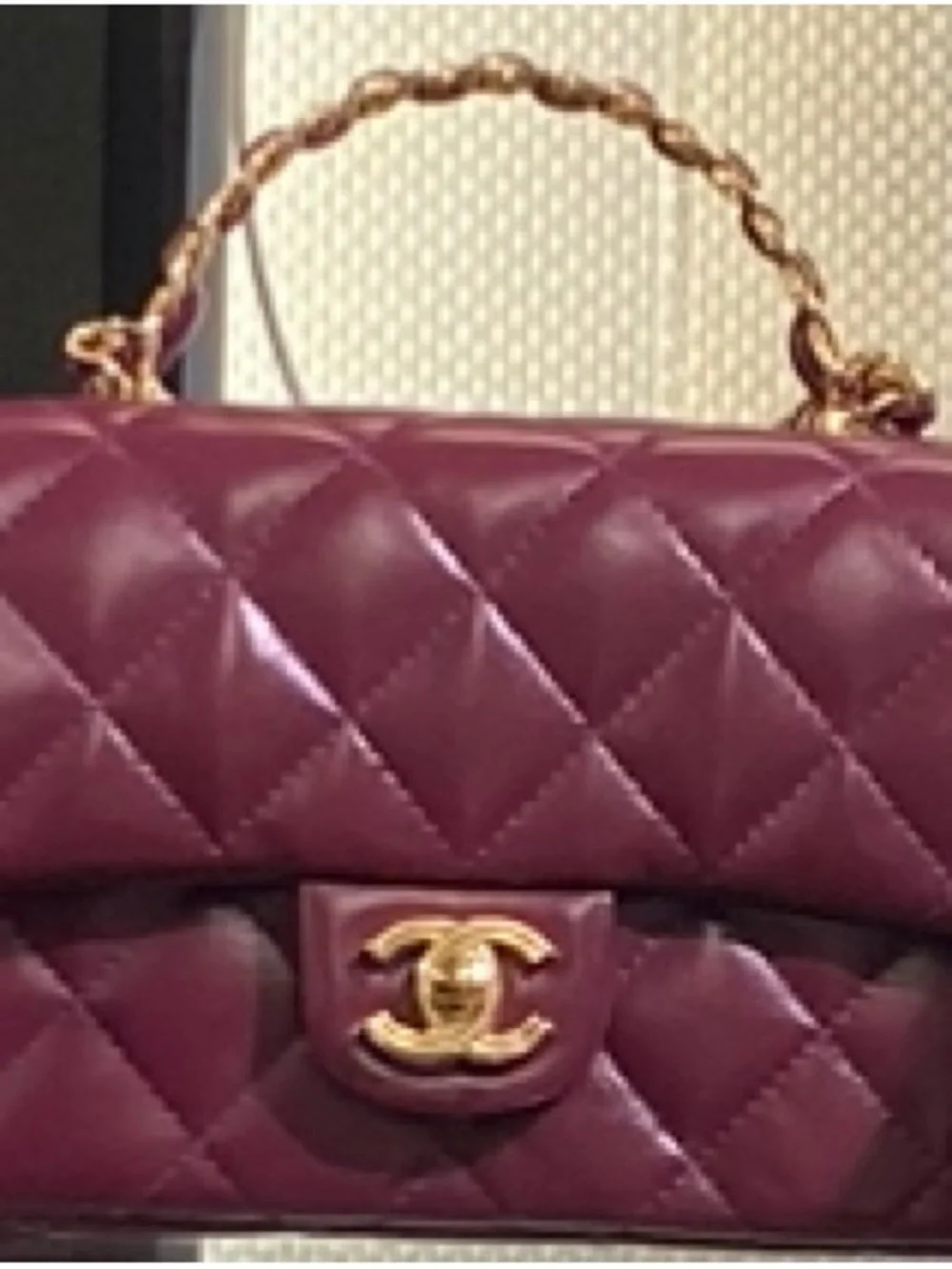 CHANEL Quilted Lambskin Mini Flap Bag in Burgundy with Gold Hardware &Top Handle